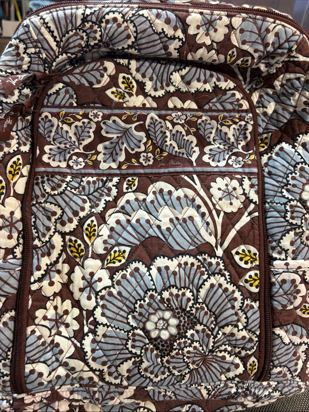 Vera Bradley Quilted Floral Backpack in Brown, Light Blue & Yellow